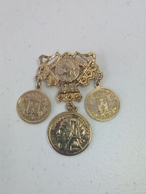 Vintage Brooch Dangling French Heraldic Coins With The Celebrated Marianne